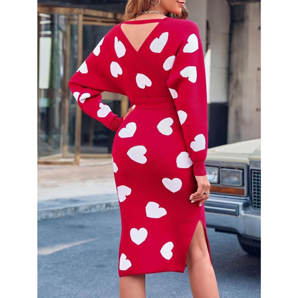 Women's Sweater Dress Wrap Batwing V Neck Slit Bodycon Dress Valentine Red - Picture 2 of 5